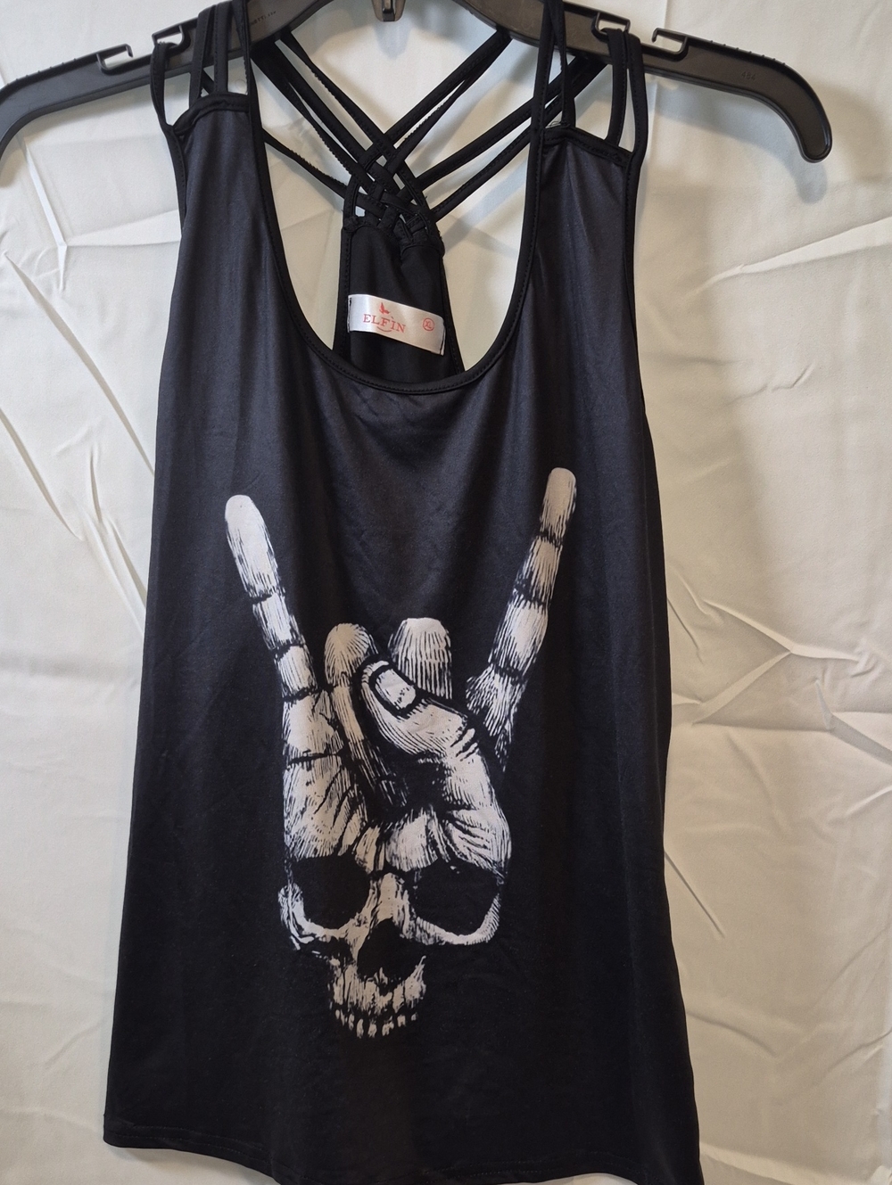 Grunge  Rocker Strapped Tank Top with White Skull Hand Graphic and Strappy Back